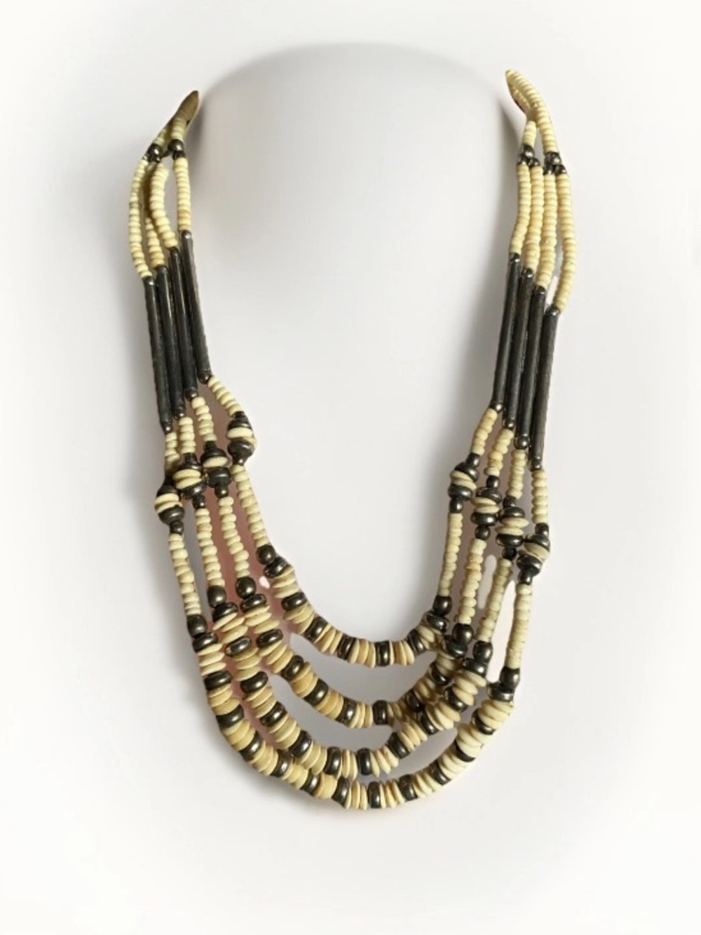 Vintage Layered Cream Shell, Bone and Silver Beaded Multi-Strand Necklace.